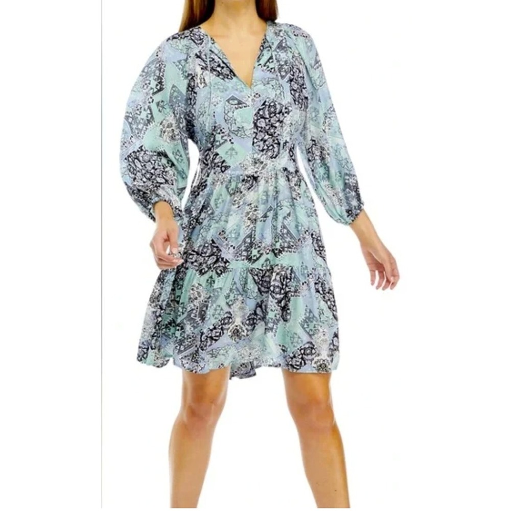 Calvin Klein Tiered Mini Dress Womens 4 Blue Sage Green Geometric Patchwork Boho